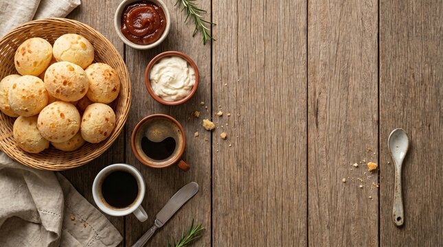 Traditional P&atilde;o de Queijo with Cream Cheese, Guava Paste, and Espresso Cups - Flat Lay