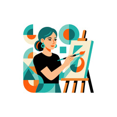 Fototapeta premium A creative woman paints on a canvas with abstract shapes