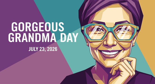 Smiling senior woman with glasses and colorful background vector illustration