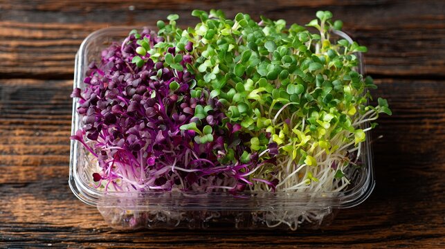 Vibrant purple and green microgreens grow densely in a clear container, set against a rustic wooden background to highlight fresh, organic nutrition.