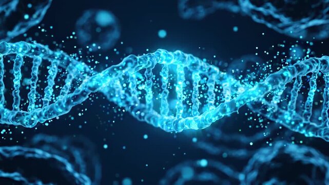 DNA double helix glowing and rotating with floating particles over dark abstract background