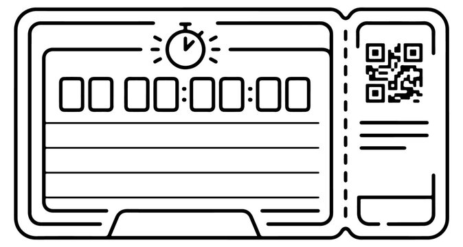 Digital countdown timer with QR code on a futuristic ticket or voucher for events.