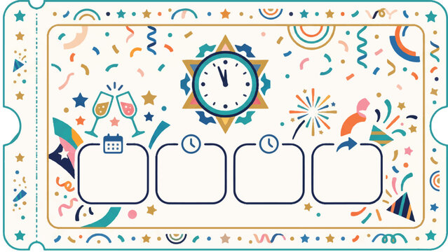 New years eve celebration ticket template with clocks and confetti.