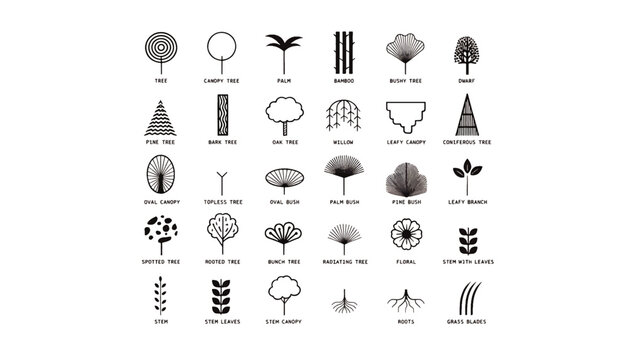 Black and white tree shapes icons.