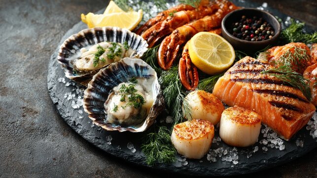 A gourmet seafood platter featuring grilled salmon, scallops, and shellfish on a dark slate background with lemon and herbs.