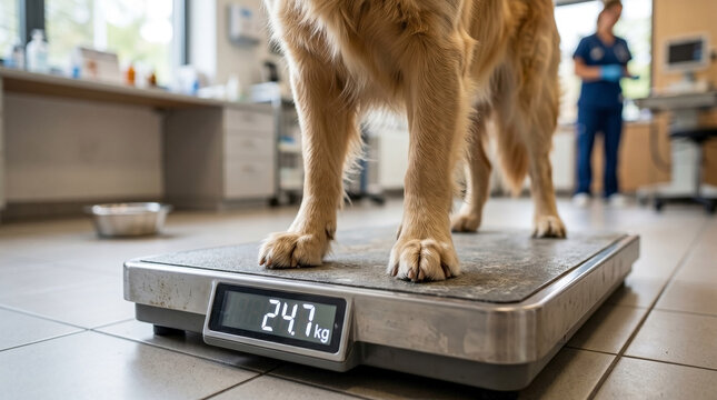 Golden Retriever on pet weight scale inside bright veterinary clinic. Healthy dog on pet weight scale displaying 24.7 kilograms, important for checkup. Promotion material for pet weight scale,