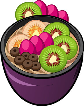 Vibrant vector illustration of a healthy fruit smoothie bowl topped with sliced kiwi and berries