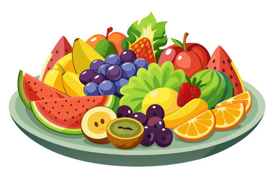 Vibrant vector illustration of fresh assorted fruits piled high on a decorative round serving plate
