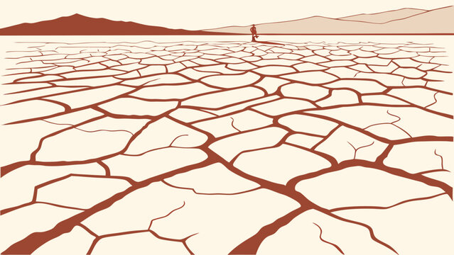 Concept illustration of climate change and drought with parched cracked earth and silhouette person landscape silhouette environment disaster wilderness minimalist illustration conceptual