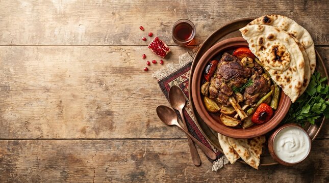 Roasted Lamb Shank in Clay Pot with Yogurt and Turkish Tea - Copy Space