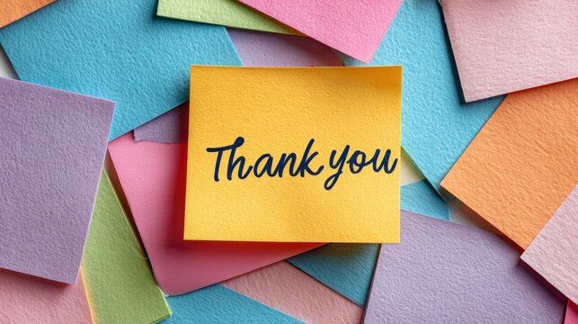 A yellow note with handwritten gratitude rests on a colorful paper background, symbolizing appreciation and positive communication.