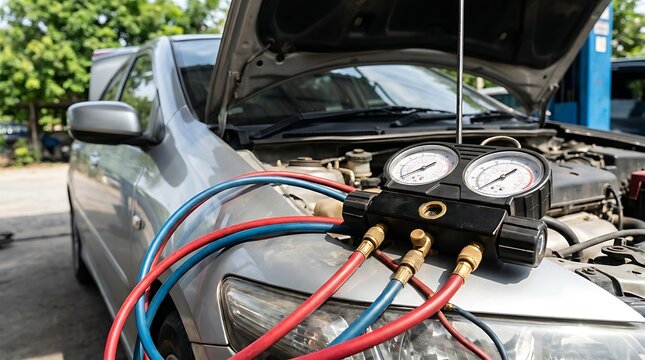 Car air conditioning system diagnostic gauges and hoses connected to car engine for cooling service and repair maintenance technician checking pressure.