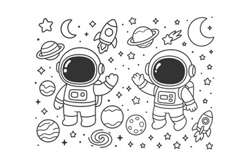 A charming black and white line art illustration featuring two adorable cartoon astronauts floating alongside rockets and various celestial planets © BWKit