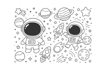 A charming line art illustration featuring two adorable astronauts exploring space alongside various planets, rockets, and sparkling stars for children © BWKit