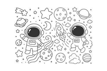 Cute cartoon astronauts floating in outer space with a rocket ship, planets, and sparkling stars in a simple line art © BWKit