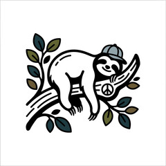 Obraz premium A cute cartoon sloth wearing a cap rests on a branch