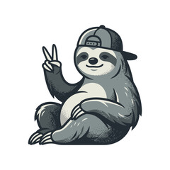 Obraz premium A cool sloth wearing a baseball cap makes a peace sign