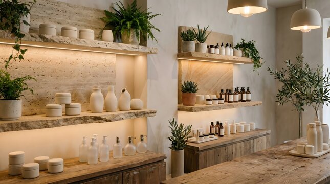 Organic Skincare Haven: A beautifully curated display of organic skincare products and lush green plants adorns shelves and counters in a serene, nature-inspired retail space.