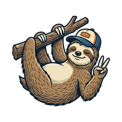 Obraz premium A cool sloth wearing a cap hangs from a wooden branch