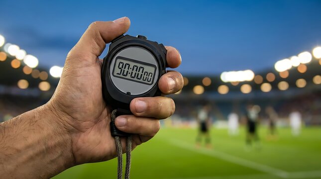 Hand holding sports stopwatch showing ninety minutes on digital display during soccer match with players moving on blurry green grass field under stadium floodlights evening.