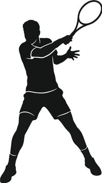 Tennis player swinging racket for two-handed backhand in dark gray silhouette