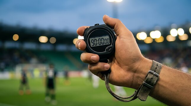 Hand holding stopwatch on soccer field background showing 90 minutes time symbolizing game end or half time break for official sport event or training session.