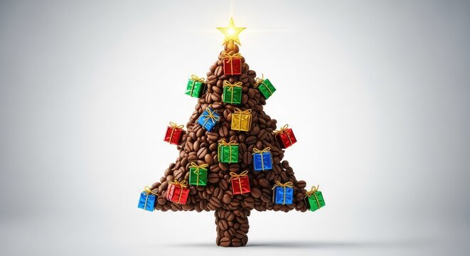 A creative holiday tree crafted from roasted coffee beans features miniature colorful gift boxes and a bright golden star on the peak, red, holiday, sparkle