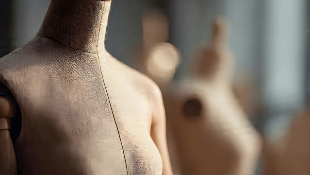 A close-up shot of a fabric-covered dress form mannequin standing inside a well-maintained boutique fashion atelier for a creative small business.