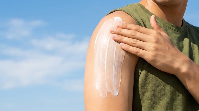 Man applying sunscreen to arm outdoor on sunny day with blue sky and clouds protecting skin from sun damage and sunburn with skin care product for summer protection healthy habit.