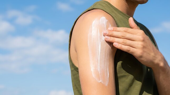 Man applying white sunscreen lotion to his shoulder outdoors on a sunny day, protective skincare, summer season, blue sky with clouds background.