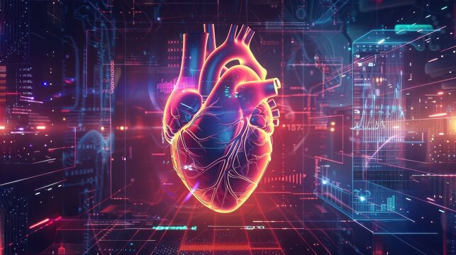 Human heart rendered in a high-tech interface displays intricate neural pathways and glowing biological structures in a simulated environment.