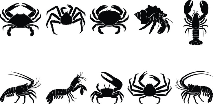 Crab and Lobster Crustacean Silhouette Vector Set Featuring Fiddler Crab Hermit Crab Crayfish and Marine Sea Animal Graphic Shapes