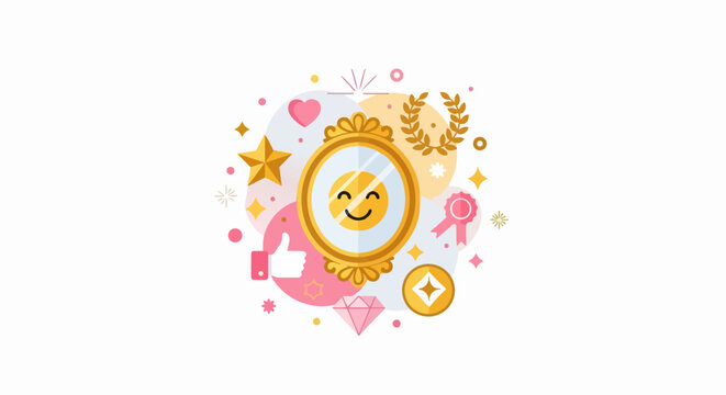 Self-Esteem and Personal Growth Concept Vector Illustration with Mirror Reflecting a Happy Smile, Award Ribbon, Star, and Heart Icons for Wellness and Success