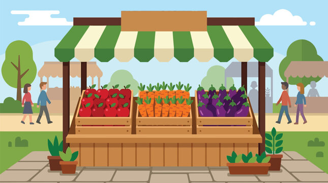 Flat vector illustration of a vibrant market stall displaying fresh red apples bright orange carrots and purple eggplants for sale
