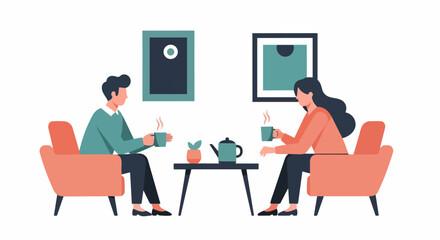 Fototapeta premium Modern Flat Vector Illustration of a Young Couple Sitting in Armchairs Drinking Tea and Having a Conversation in a Cozy Living Room Interior