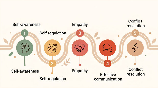 Emotional intelligence skills infographic highlighting self awareness empathy communication and conflict resolution for workplace leadership success