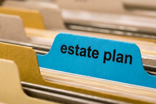Close up shot of a blue tab labeled estate plan in a file organizer with other document folders.