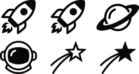 Outer Space Exploration Solid Icon Set Featuring Rocket Ship Saturn Planet Astronaut Helmet and Shooting Star Symbols for Science Graphic Designs © Ashik 