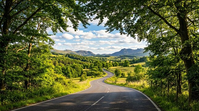 Winding road through lush green forest landscape with mountains