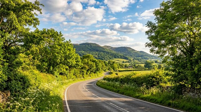 Scenic winding asphalt road through lush green hills, summer landscape with rolling meadows and forest trees, rural countryside highway under blue sky
