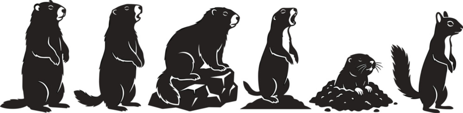 Groundhog and Marmot Silhouette Vector Set Featuring Woodchuck Burrowing Gopher Prairie Dog and Squirrel Wild Rodent Graphic Shapes