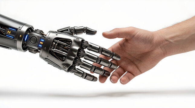 Futuristic robotic hand reaching for human handshake, metallic cyborg arm and human skin contact, artificial intelligence and humanity partnership concept