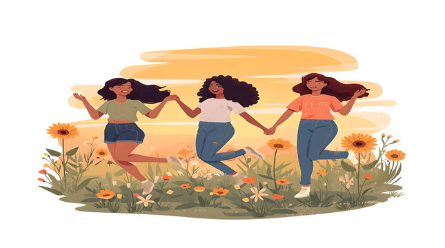 Diverse women holding hands in flower field illustration, happy female friends jumping in meadow, flat vector art of sisterhood and empowerment
