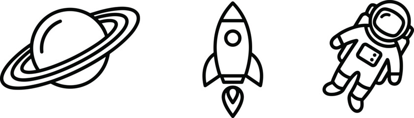 Space Exploration Line Icon Set Featuring Saturn Planet Rocket Ship and Floating Astronaut Symbols for Science Apps and Educational Graphic Designs © Ashik 
