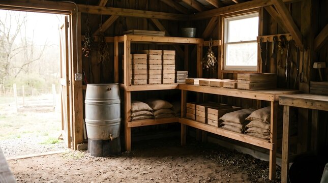Rustic Storage Shed Interior: A humble wooden shed filled with sacks of grain, boxes, and a barrel, offering a glimpse into traditional rural storage and preparedness.