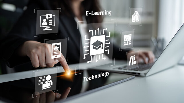 A business professional interacts with an e-learning technology interface on a digital device, highlighting innovative approaches to modern education and online learning dynamics. Cyphers