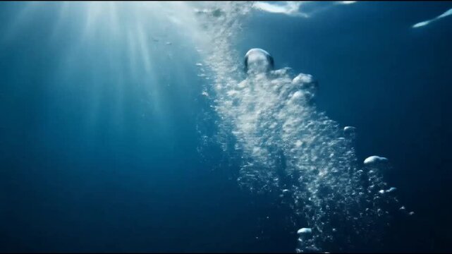 Deep blue water with bubbles ascending to light.