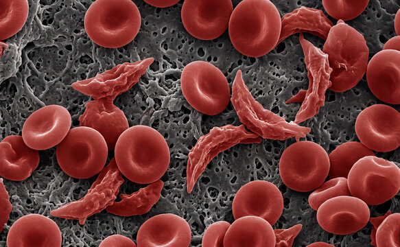 Normal red blood cells and sickle cell anemia under an electron microscope.