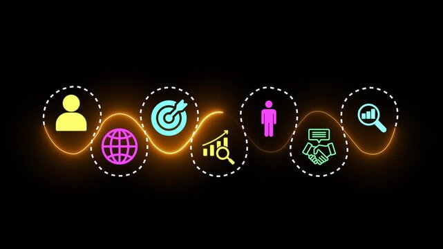 Business professional interact concept on the black background. Digital interface featuring customer targeting icons, data analytics symbols. Motion graphics of professional business idea.