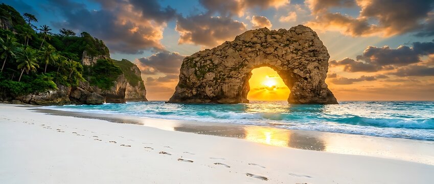 Dramatic arch rock formation on tropical beach at sunset with golden sun rays breaking through, calm turquoise waves lapping white sand shore, lush green cliffside vegetation overhead.